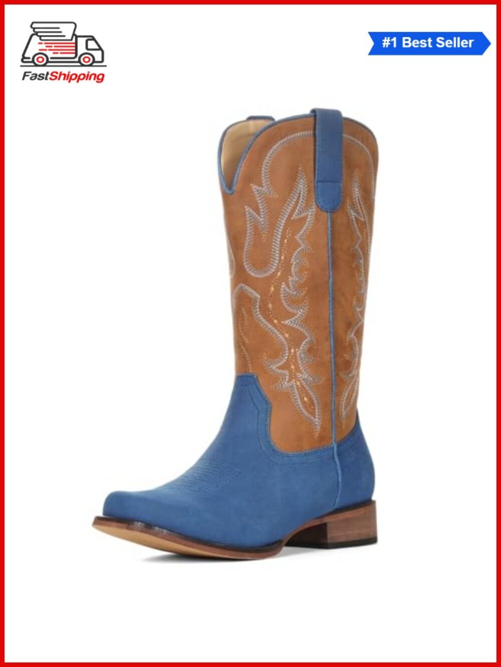 Women's Square Toe Mid Calf Western Cowboy Boots Faux Suede